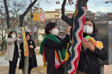 댄밖공원 수목에 방한용 뜨개옷 입혀